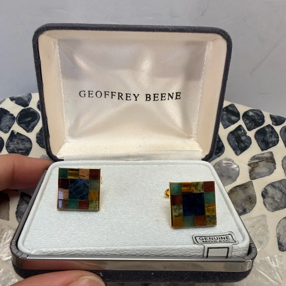 Vintage Geoffrey Beene Multicolor mosaic gemstone Cufflinks